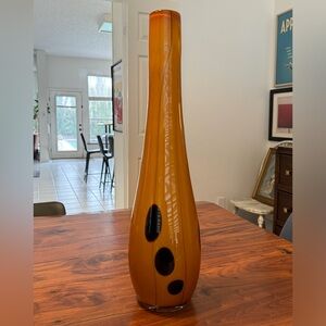 Mid-Century Modern Hand Blown Art Glass 21" Tall Vase Yellow with Brown Spots